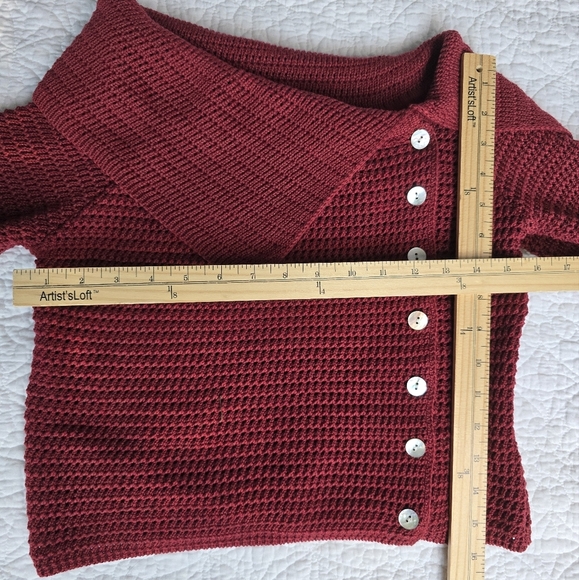 Commense Off Shoulder Cowl Neck Knit Cropped Button Burgundy Sweater - Picture 11 of 12